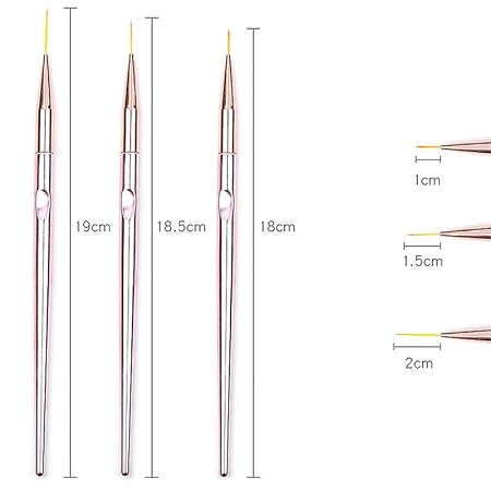 GV528 INOG 3 Pcs Rose Gold Nail Art Liner Brushes Set, UV Gel Acrylic Application Nail Pens Nail Art Designs Tools(7mm/9mm/11mm)