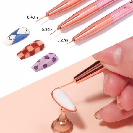 GV528 INOG 3 Pcs Rose Gold Nail Art Liner Brushes Set, UV Gel Acrylic Application Nail Pens Nail Art Designs Tools(7mm/9mm/11mm)