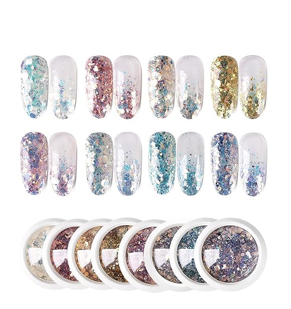 GV530 INOG Nail Art Gradient Glitter Magic Color Changing Laser Thin Sequins Mixed Mirror Hexagon Shape Mermaid Flakes Spangles Palette Craft Glitters Holographic Manicure D.I.Y (8 PCS)