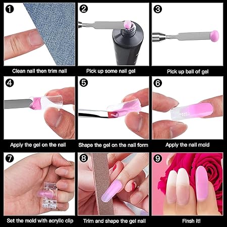 GV533 INOG Poly Gel Quick Building Nail Set,100Pcs False Nail Mold Clear Nail Extension Form Tips,10 Nail Tips Clip And 1Pcs Dual-Ended Poly Extension Brush Picker For Polygel Extension,Home Salon