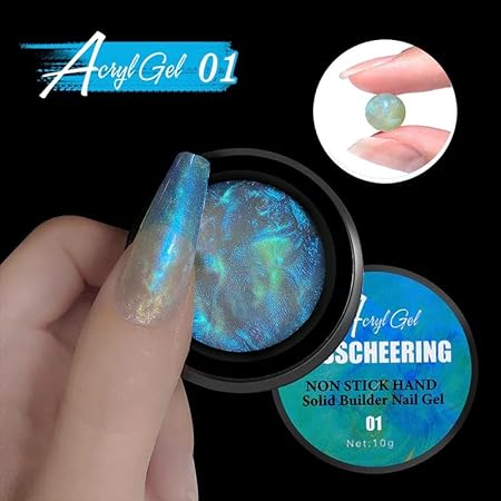 GV535 INOG Solid Builder Gel for Nails, Aurora Shimmer Hard Gel for Nail Extension, Non-Sticky Hand 3D Carving Sculpture Gel with Silicone Pen Decoration Mold for DIY Nail Art Home Salon (Aurora Blue)