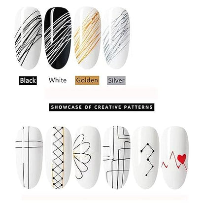 GV539 INOG 4 Colors Spider Gel with Nail Art Brushes, Wire Drawing Gel Polish for Line (White Black Gold Silver)