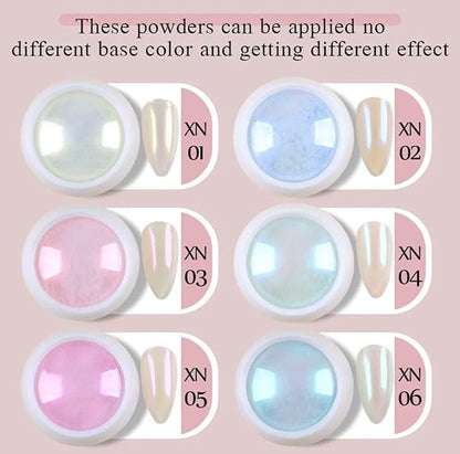 GV540 INOG 6PCS Mermaid Metallic Chrome Nail Powder Set, Mirror Effect Nail Art Powder, Holographic Pigment Glitter Dust for Gel Polish Manicure Decoration with Eyeshadow Sticks (Each 0.5gm)