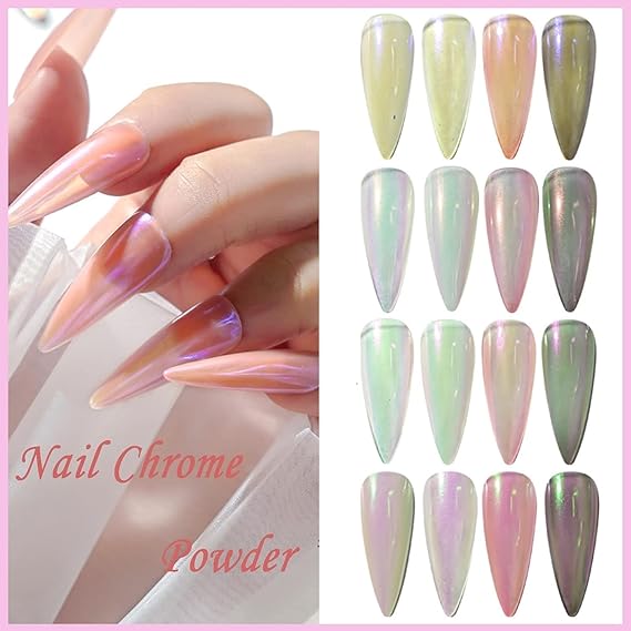 GV540 INOG 6PCS Mermaid Metallic Chrome Nail Powder Set, Mirror Effect Nail Art Powder, Holographic Pigment Glitter Dust for Gel Polish Manicure Decoration with Eyeshadow Sticks (Each 0.5gm)