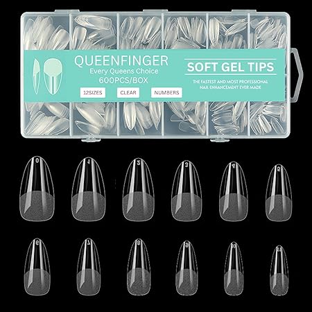 GV581 QUEENFINGER Gel X Nail Tips, Soft Gel Full Cover Clear Acrylic Nail Extensions for Manicure Nail Art Salon or Home DIY Use Medium Length ( 600PCS)