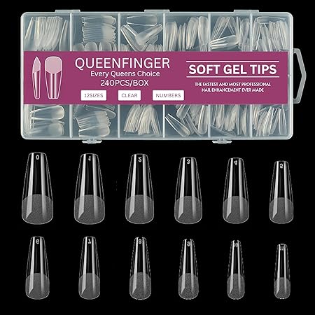 GV581 QUEENFINGER Gel X Nail Tips, Soft Gel Full Cover Clear Acrylic Nail Extensions for Manicure Nail Art Salon or Home DIY Use Medium Length ( 600PCS)