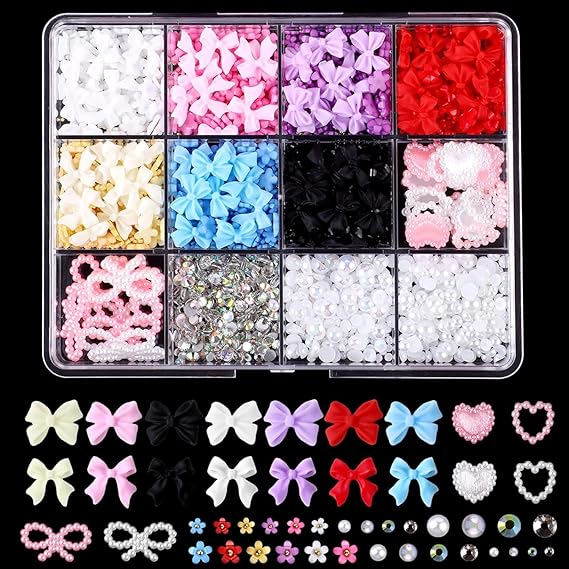 GV707 THR3E STROKES 1000 Pcs 3D Nail Charms and Flatback Pearls Set 12-7 Colors Nail Bows, Flower Heart Jewels, AB Round Rhinestones, White Pearls for Nail Art DIY Decoration (New D03)