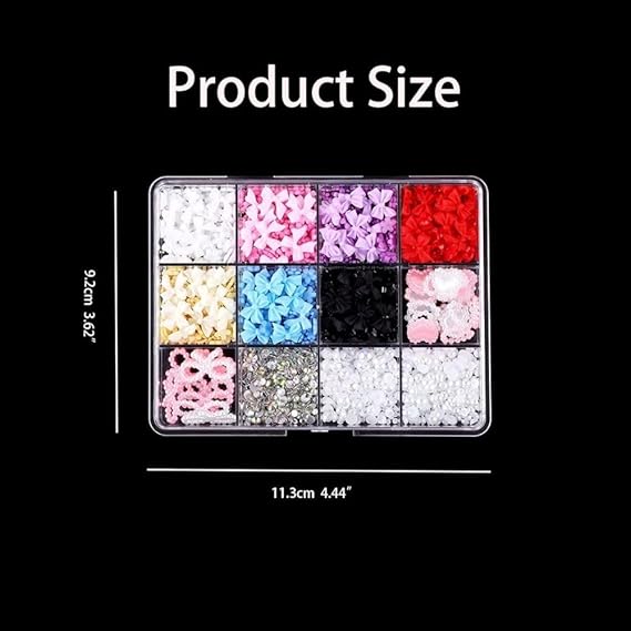 GV707 THR3E STROKES 1000 Pcs 3D Nail Charms and Flatback Pearls Set 12-7 Colors Nail Bows, Flower Heart Jewels, AB Round Rhinestones, White Pearls for Nail Art DIY Decoration (New D03)