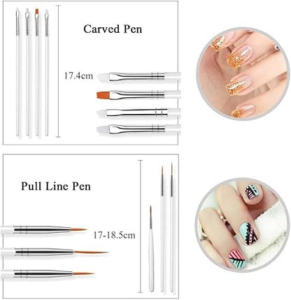 GV779 THR3E STROKES 28-Piece Professional Nail Art Tool Set with Brushes, Dotting Pens, Liner Brushes, Silicone Sculpture Pens, Multicolored