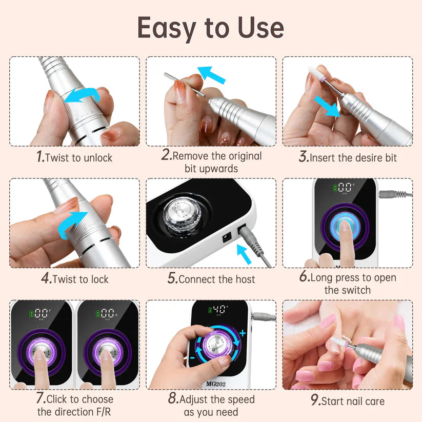 GV945 Rechargeable Professional Nail Drill Machine – Portable Electric Nail File with Digital Display & Speed Control