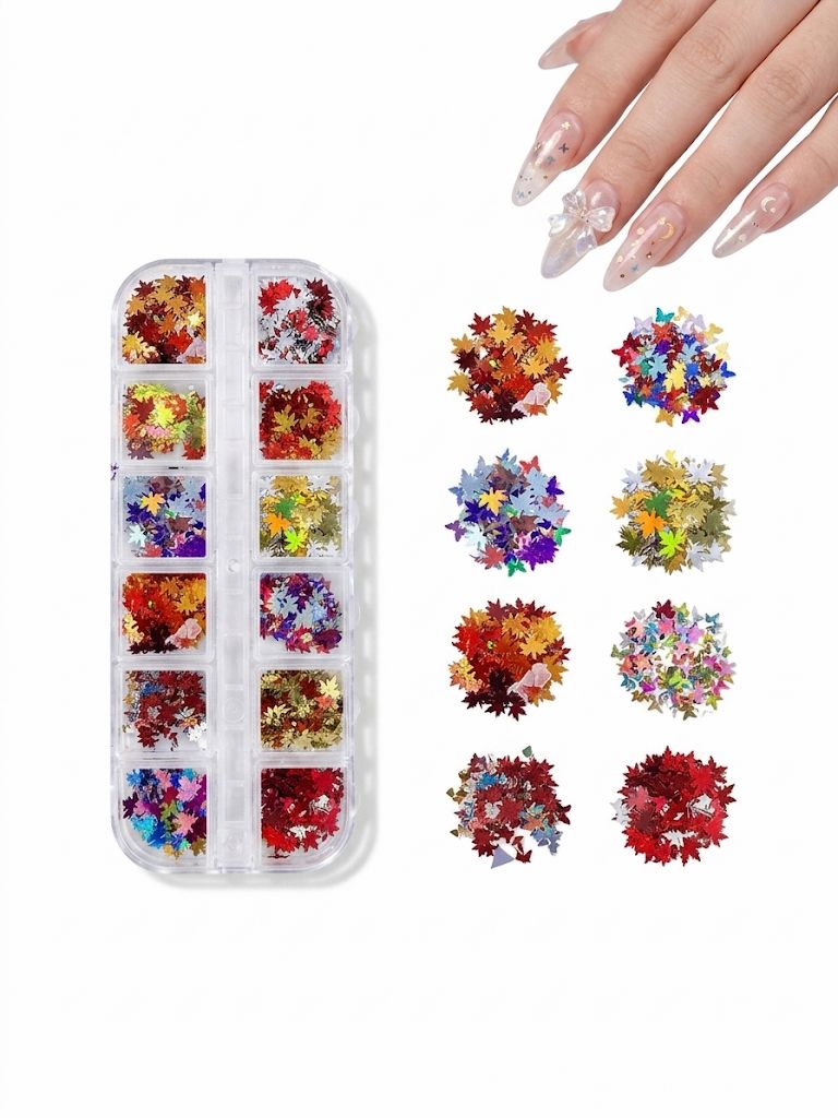 GV1065 Fall Nail Art Stickers Maple Leaf Nail Art Glitter Set – 3D Autumn Nail Sequins Decoration Kit