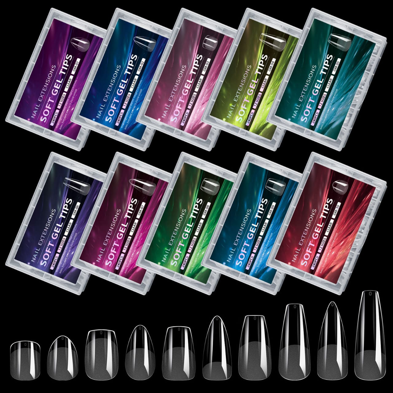 GV842 240pcs Soft Gel Nail Tips Set – Clear Full Cover Extensions in 10 Shapes for Acrylic, Gel & Builder Nail Art