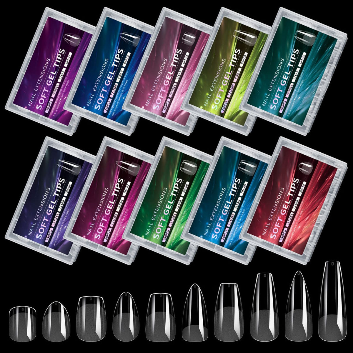GV842 240pcs Soft Gel Nail Tips Set – Clear Full Cover Extensions in 10 Shapes for Acrylic, Gel & Builder Nail Art