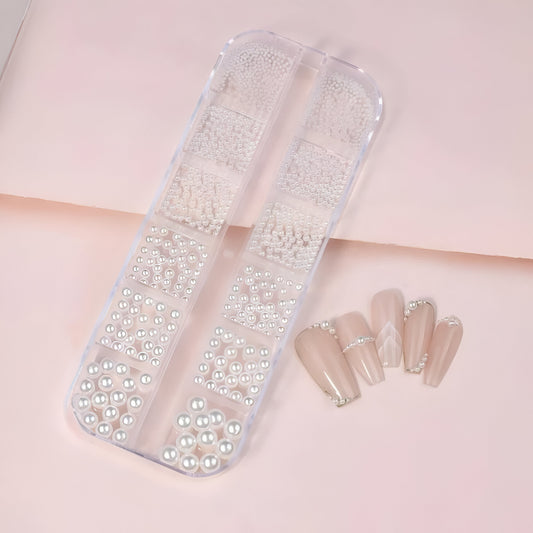 3D Nail Art Pearl Beads Set – Multi-Size White Pearls for Manicures