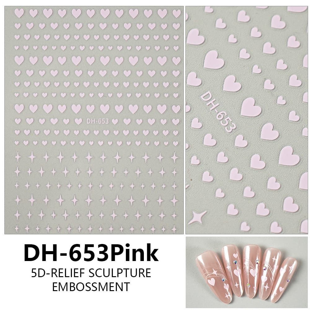 GV601 DH-653 5D Relief Nail Art Stickers – Hearts & Stars Embossed Design