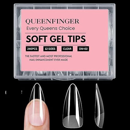 GV408 QUEENFINGER 240PCS Soft Gel Nail Tips with Box – Clear Gel X Nail Tips Full Cover Fake Nails Soft Acrylic Tips for Nail Extension Manicure at Home or Salon DIY Use for Women and Girls