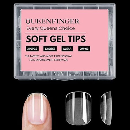 GV408 QUEENFINGER 240PCS Soft Gel Nail Tips with Box – Clear Gel X Nail Tips Full Cover Fake Nails Soft Acrylic Tips for Nail Extension Manicure at Home or Salon DIY Use for Women and Girls