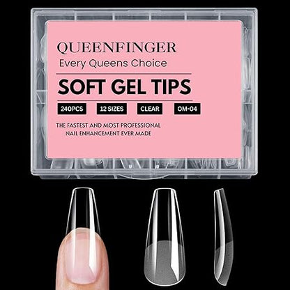 GV408 QUEENFINGER 240PCS Soft Gel Nail Tips with Box – Clear Gel X Nail Tips Full Cover Fake Nails Soft Acrylic Tips for Nail Extension Manicure at Home or Salon DIY Use for Women and Girls