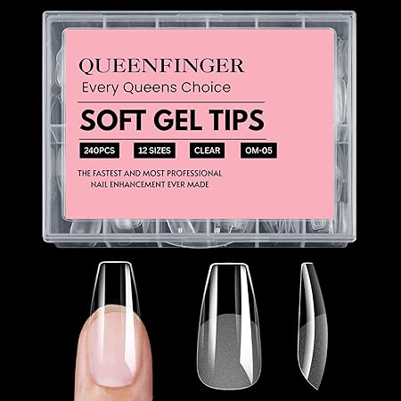 GV408 QUEENFINGER 240PCS Soft Gel Nail Tips with Box – Clear Gel X Nail Tips Full Cover Fake Nails Soft Acrylic Tips for Nail Extension Manicure at Home or Salon DIY Use for Women and Girls
