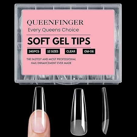 GV408 QUEENFINGER 240PCS Soft Gel Nail Tips with Box – Clear Gel X Nail Tips Full Cover Fake Nails Soft Acrylic Tips for Nail Extension Manicure at Home or Salon DIY Use for Women and Girls