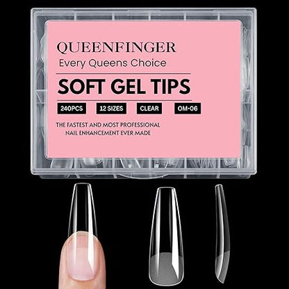 GV408 QUEENFINGER 240PCS Soft Gel Nail Tips with Box – Clear Gel X Nail Tips Full Cover Fake Nails Soft Acrylic Tips for Nail Extension Manicure at Home or Salon DIY Use for Women and Girls