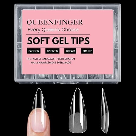 GV408 QUEENFINGER 240PCS Soft Gel Nail Tips with Box – Clear Gel X Nail Tips Full Cover Fake Nails Soft Acrylic Tips for Nail Extension Manicure at Home or Salon DIY Use for Women and Girls