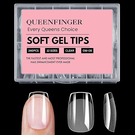 GV408 QUEENFINGER 240PCS Soft Gel Nail Tips with Box – Clear Gel X Nail Tips Full Cover Fake Nails Soft Acrylic Tips for Nail Extension Manicure at Home or Salon DIY Use for Women and Girls