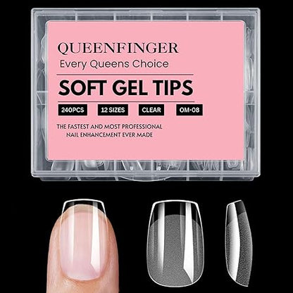 GV408 QUEENFINGER 240PCS Soft Gel Nail Tips with Box – Clear Gel X Nail Tips Full Cover Fake Nails Soft Acrylic Tips for Nail Extension Manicure at Home or Salon DIY Use for Women and Girls