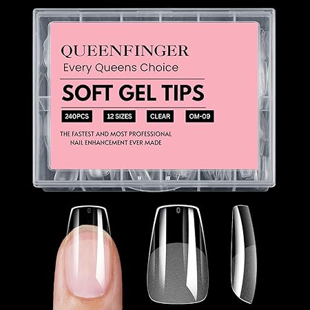 GV408 QUEENFINGER 240PCS Soft Gel Nail Tips with Box – Clear Gel X Nail Tips Full Cover Fake Nails Soft Acrylic Tips for Nail Extension Manicure at Home or Salon DIY Use for Women and Girls
