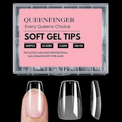 GV408 QUEENFINGER 240PCS Soft Gel Nail Tips with Box – Clear Gel X Nail Tips Full Cover Fake Nails Soft Acrylic Tips for Nail Extension Manicure at Home or Salon DIY Use for Women and Girls
