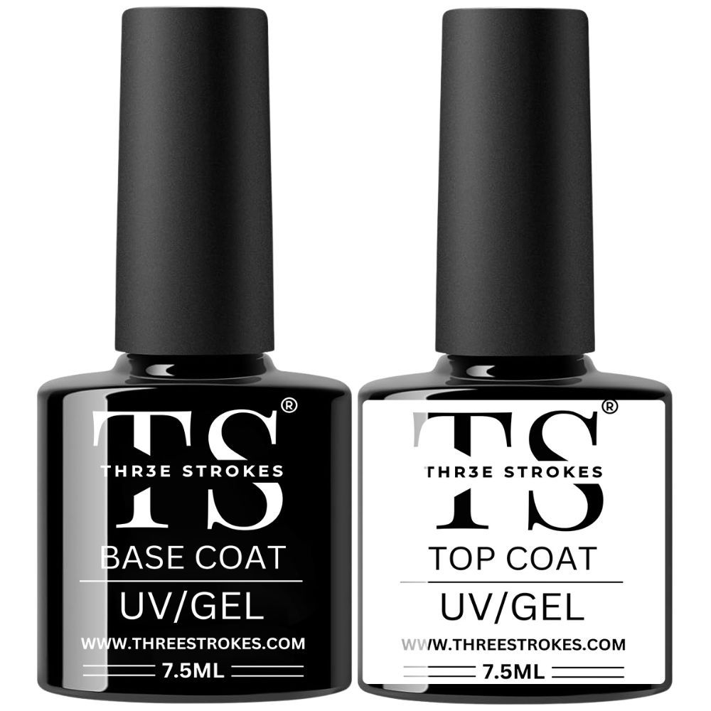GV776 THR3E STROKES 2 Pcs 7.5Ml No Wipe Gel Top Coat And Base Coat Set - Soak Off Led Nail Lamp Gel Base Top Coat Finish Nail Art Design For Women. (Requires Uv Light)(Machine Se Sukhengi)
