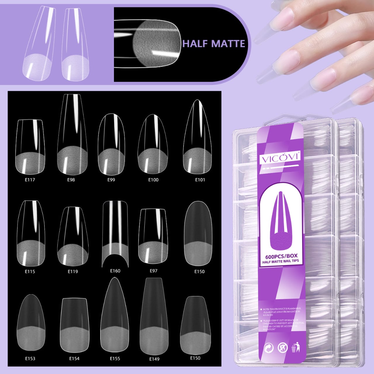 GV775 VICOVI 600PCS Half Matte Nail Tips Box Extra Long Coffin Nail Extensions Set